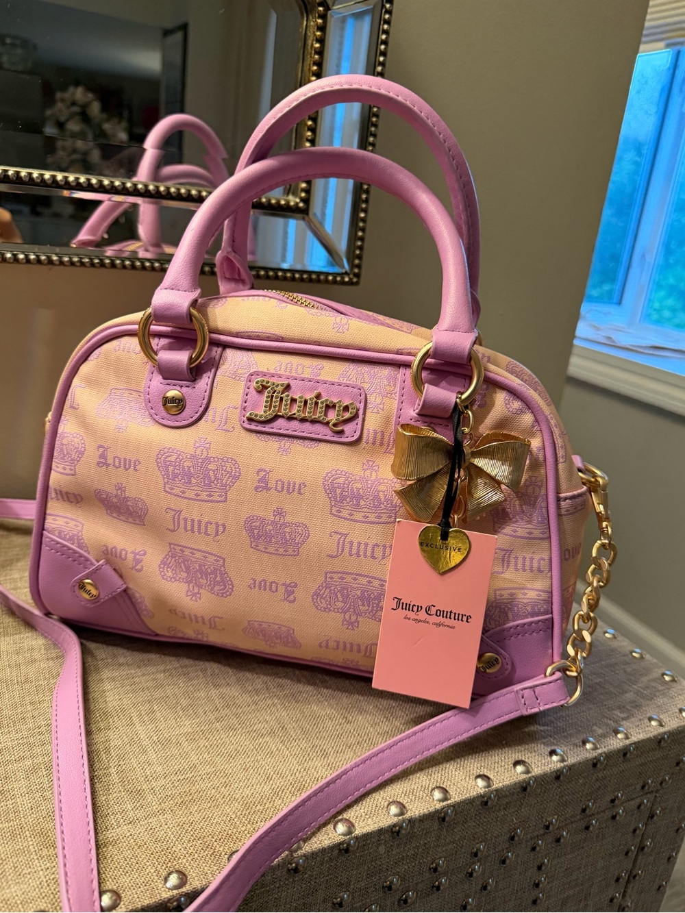 Juicy Couture Pink and Cream Logo Bow Charm Crossbody Bag